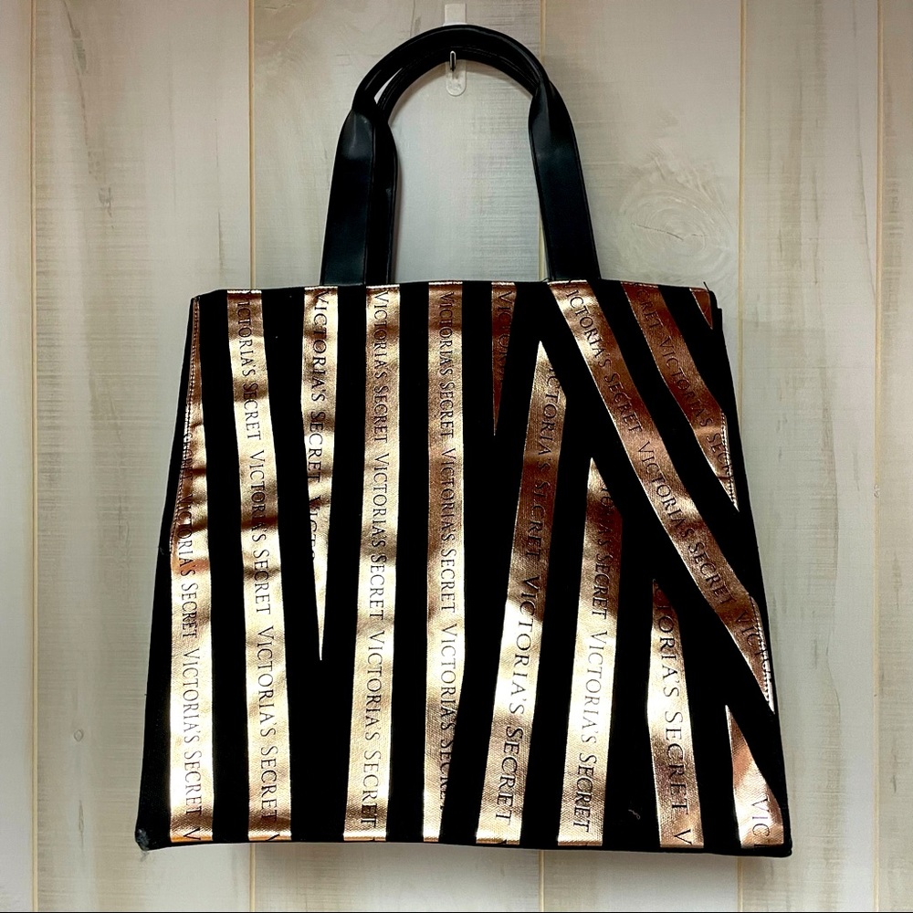 Victoria’s Secret NWT Black Gold Stripe Expandable Tote Bag
